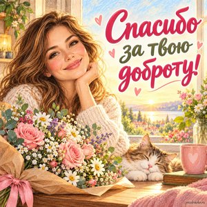 Международный день спасибо — открытка «Спасибо за твою доброту!» с доброй улыбкой женщины у окна