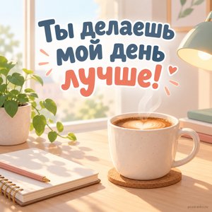Международный день спасибо — открытка «Ты делаешь мой день лучше!» с уютным рабочим столом и чашкой кофе