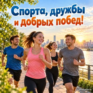 Международный день спорта на благо развития и мира — открытка «Спорта, дружбы и добрых побед!» друзья на утренней пробежке Международный день спорта на благо развития и мира — открытка «Спорта, дружбы и добрых побед!» друзья на утренней пробежке
