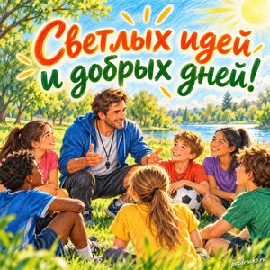 Международный день спорта на благо развития и мира — открытка «Светлых идей и добрых дней!» тренер с командой в солнечном парке Международный день спорта на благо развития и мира — открытка «Светлых идей и добрых дней!» тренер с командой в солнечном парке
