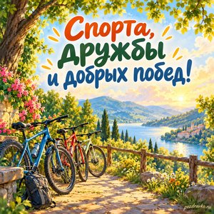 Международный день спорта на благо развития и мира — открытка «Спорта, дружбы и добрых побед!» велосипеды у зелёной аллеи Международный день спорта на благо развития и мира — открытка «Спорта, дружбы и добрых побед!» велосипеды у зелёной аллеи