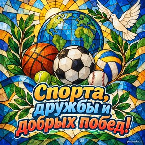 Международный день спорта на благо развития и мира — открытка «Спорта, дружбы и добрых побед!» витражная композиция мячей и листьев Международный день спорта на благо развития и мира — открытка «Спорта, дружбы и добрых побед!» витражная композиция мячей и листьев