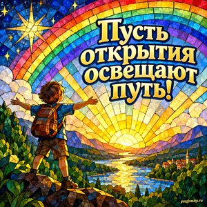 Международный день света — открытка «Пусть открытия освещают путь!» витражная радуга Международный день света — открытка «Пусть открытия освещают путь!» витражная радуга