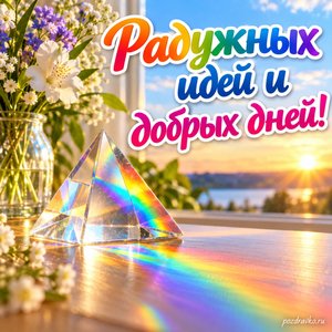 Международный день света — открытка «Радужных идей и добрых дней!» стеклянная призма на столе Международный день света — открытка «Радужных идей и добрых дней!» стеклянная призма на столе