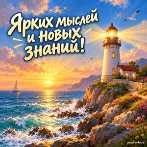 Международный день света — открытка «Ярких мыслей и новых знаний!» маяк у моря Международный день света — открытка «Ярких мыслей и новых знаний!» маяк у моря