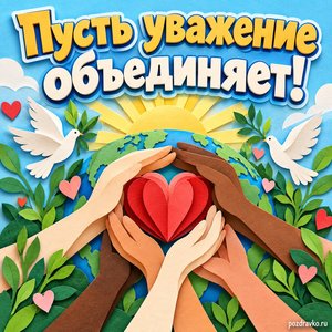 Международный день терпимости — открытка «Пусть уважение объединяет!» бумажные ладони и сердце