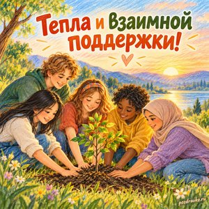 Международный день терпимости — открытка «Тепла и взаимной поддержки!» друзья вместе сажают дерево