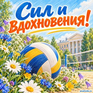 Международный день университетского спорта — открытка «Сил и вдохновения!» волейбольный мяч и полевые цветы Международный день университетского спорта — открытка «Сил и вдохновения!» волейбольный мяч и полевые цветы