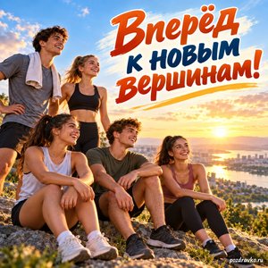 Международный день университетского спорта — открытка «Вперёд к новым вершинам!» студенты в нейтральной спортивной одежде после пробежки Международный день университетского спорта — открытка «Вперёд к новым вершинам!» студенты в нейтральной спортивной одежде после пробежки