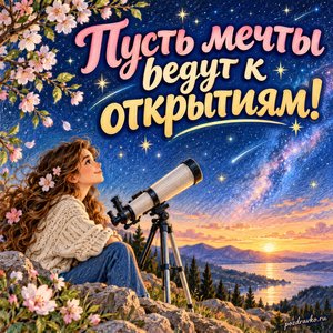 Международный день женщин и девочек в науке — открытка «Пусть мечты ведут к открытиям!» с телескопом под звёздным небом и цветущей веточкой