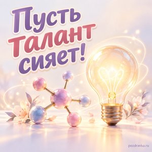 Международный день женщин и девочек в науке — открытка «Пусть талант сияет!» со светящейся лампой и абстрактной моделью молекулы без формул
