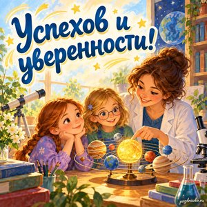 Международный день женщин и девочек в науке — открытка «Успехов и уверенности!» с преподавательницей и двумя девочками за научной моделью без надписей