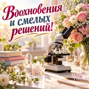 Международный день женщин и девочек в науке — открытка «Вдохновения и смелых решений!» с микроскопом, прозрачными кристаллами и букетом на светлом столе