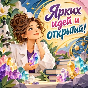 Международный день женщин и девочек в науке — открытка «Ярких идей и открытий!» с бумажной исследовательницей и разноцветными кристаллами