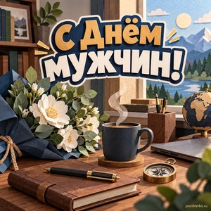 Международный мужской день — открытка «С Днём мужчин!» с уютным мужским рабочим столом и цветами