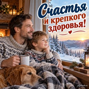 Международный мужской день — открытка «Счастья и крепкого здоровья!» с мужчиной и сыном у зимнего окна