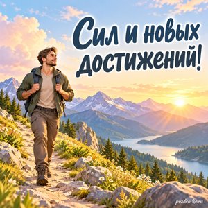 Международный мужской день — открытка «Сил и новых достижений!» с мужчиной на спокойной горной прогулке