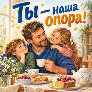 Международный мужской день — открытка «Ты — наша опора!» с отцом и детьми за чайным столом