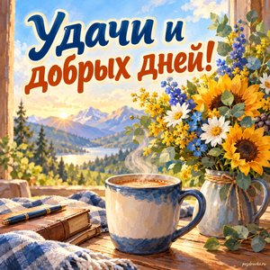 Международный мужской день — открытка «Удачи и добрых дней!» с кружкой кофе и ярким букетом
