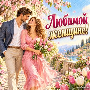 Международный женский день — открытка «Любимой женщине!» с парой на цветущей аллее