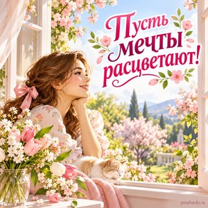 Международный женский день — открытка «Пусть мечты расцветают!» с девушкой у открытого окна в цветущий сад