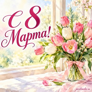 Международный женский день — открытка «С 8 Марта!» с большим букетом тюльпанов у солнечного окна