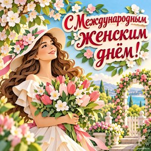 Международный женский день — открытка «С Международным женским днём!» с женщиной в красивом весеннем саду