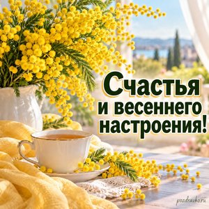Международный женский день — открытка «Счастья и весеннего настроения!» с мимозой, чашкой чая и мягким светом