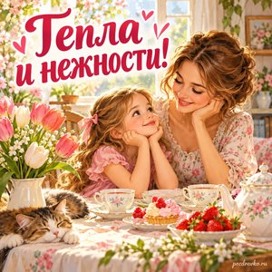Международный женский день — открытка «Тепла и нежности!» с мамой и дочкой за уютным чайным столом