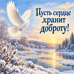 Начало Великого поста — открытка «Пусть сердце хранит доброту!» с белым голубем над снежной рекой