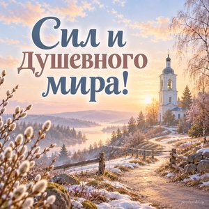 Начало Великого поста — открытка «Сил и душевного мира!» с тропинкой к светлой колокольне