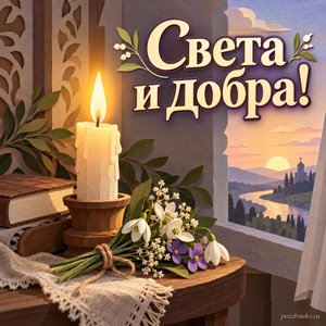 Начало Великого поста — открытка «Света и добра!» с горящей свечой и скромным букетом