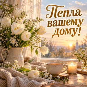 Начало Великого поста — открытка «Тепла вашему дому!» с освещённым окном и белыми цветами
