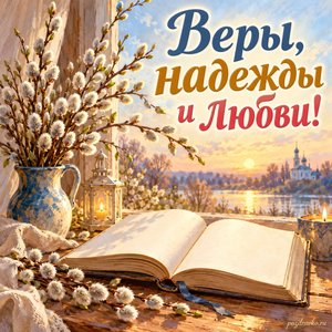 Начало Великого поста — открытка «Веры, надежды и любви!» с раскрытой книгой без букв и веточками вербы
