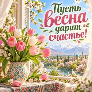 Навруз — открытка «Пусть весна дарит счастье!» с букетом тюльпанов у открытого окна Навруз — открытка «Пусть весна дарит счастье!» с букетом тюльпанов у открытого окна