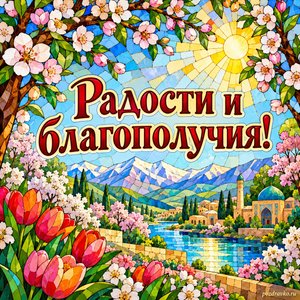 Навруз — открытка «Радости и благополучия!» с яркой мозаикой цветущего сада Навруз — открытка «Радости и благополучия!» с яркой мозаикой цветущего сада