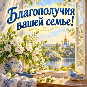 Никола Вешний — День святителя Николая — открытка «Благополучия вашей семье!» с белыми цветами у открытого окна