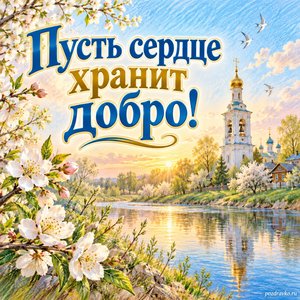 Никола Вешний — День святителя Николая — открытка «Пусть сердце хранит добро!» с колокольней над тихой рекой