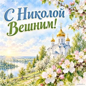 Никола Вешний — День святителя Николая — открытка «С Николой Вешним!» с белым храмом среди цветущих яблонь