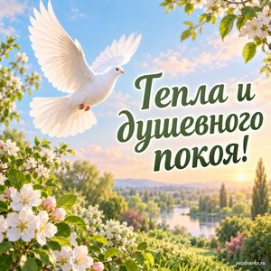 Никола Вешний — День святителя Николая — открытка «Тепла и душевного покоя!» с голубем над зелёным садом