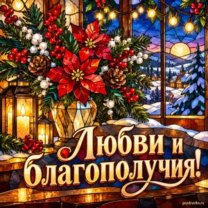 Новый год — открытка «Любви и благополучия!» с праздничными огнями и зимним букетом