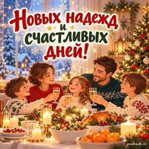 Новый год — открытка «Новых надежд и счастливых дней!» с дружной семьёй за новогодним столом