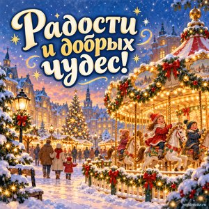 Новый год — открытка «Радости и добрых чудес!» с зимним городом и праздничной каруселью
