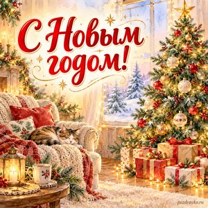 Новый год — открытка «С Новым годом!» с нарядной ёлкой и подарками в уютной комнате