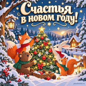 Новый год — открытка «Счастья в новом году!» с лесными зверятами у праздничной ели
