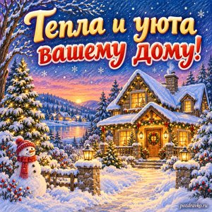 Новый год — открытка «Тепла и уюта вашему дому!» с семейным домом под снежным небом