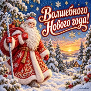 Новый год — открытка «Волшебного Нового года!» с Дедом Морозом и мешком подарков среди снежных деревьев