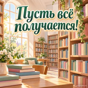 Общероссийский день библиотек — открытка «Пусть всё получается!» с деревянными книжными полками без подписей