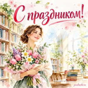 Общероссийский день библиотек — открытка «С праздником!» с библиотекарем и букетом весенних цветов