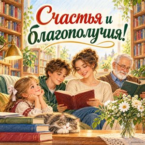 Общероссийский день библиотек — открытка «Счастья и благополучия!» с читателями разных возрастов в библиотеке